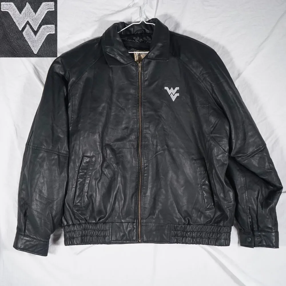 West Virginia College Leather Jacket Full Zip Maverick Jackets Rare Black 2XL